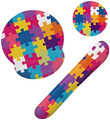 Autism Awareness Puzzle Colorful Keyboard Wrist Rest Pad and Mouse Pad Wrist Support Set,3-in-1 Ergonomic Mouse Pad with Non-Slip Rubber Base for Home Office Game Computers Desk,