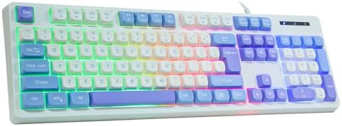 HUO JI Wired Gaming Keyboard with Rainbow LED Backlit, White Blue