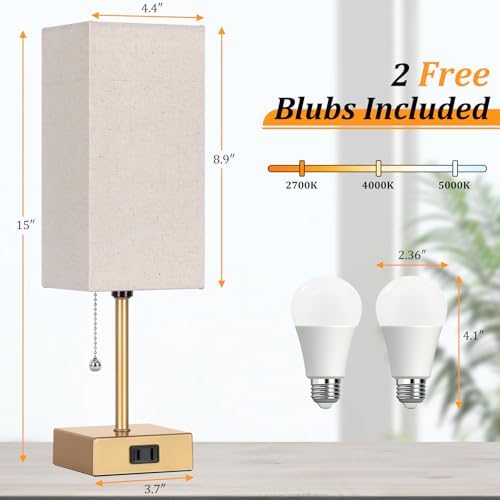 Table Lamp for Bedroom set of 2,3-Color Bedside Lamps with Pull Chain Gold