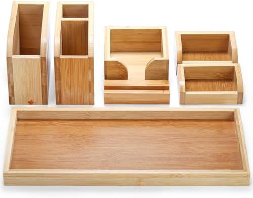Cididu Bamboo Vanity Tray, 7 Pieces Adjustable Pen Holder Stationery Caddy