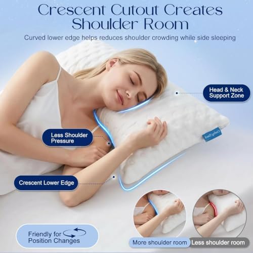 Side Sleeper Pillows for Neck & Shoulder Comfort - Ergonomic Curved Crescent Design, Adjustable Shredded Memory Foam, Cooling & Soft Cover, Extra Fill Included, King Size Pillows Set of 2