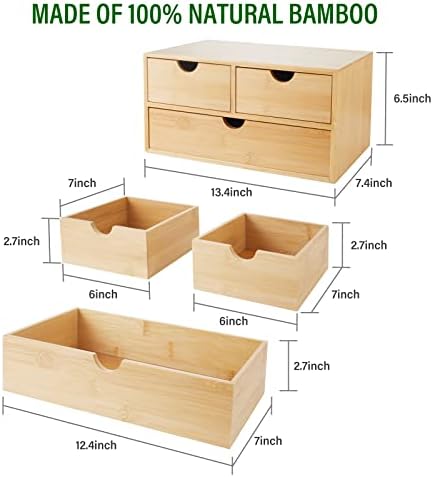Charmewooden Bamboo Desk Organizer With Drawers Countertop Drawers Counter Storage Box Corner Desk Organizer for Home Office No Assembly Required
