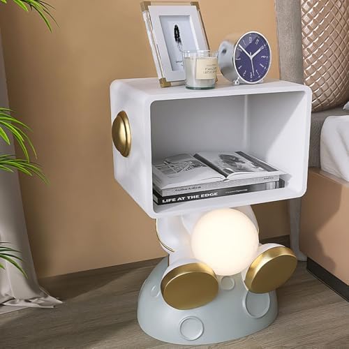 Astronaut Figurine Bedside Table with Storage, Unique Resin Astronaut Decor End Table Space Figurines Nightstand with Moon Lamp for Bedroom Living Room