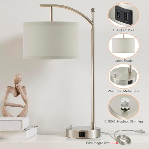 Table Lamp Set of 2, 23.5" Bedside Lamps with USB C+A Ports, Silver