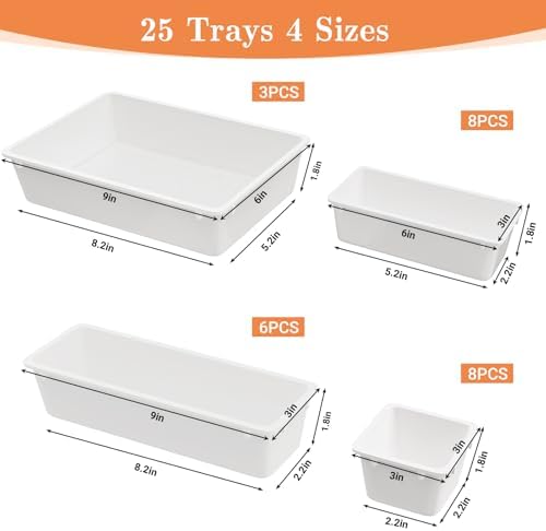 SpaceHacks 25 PCS Plastic Drawer Organizer, 4-Size Versatile Organizer Trays & storage Bins