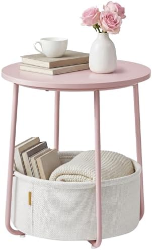 SONGMICS HOME Small Side Table, Round End Table, 2 Tier Nightstand with Basket, U Shaped Steel Legs, Easy Assembly, for Living Room, Bedroom, Pink and White