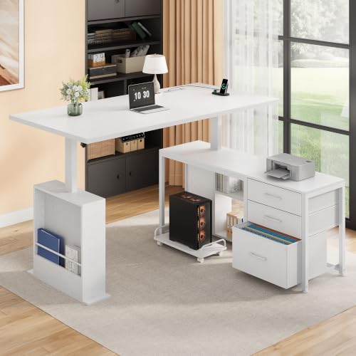 63'' L Shaped Desk with 3 Drawers Electric Standing Desks White