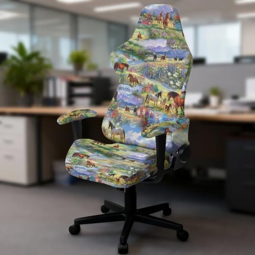 Horse Print Gaming Chair Cover with Armrest Covers Stretchable Breathable Furniture Protector Universal Reclining Racing Gaming Chair