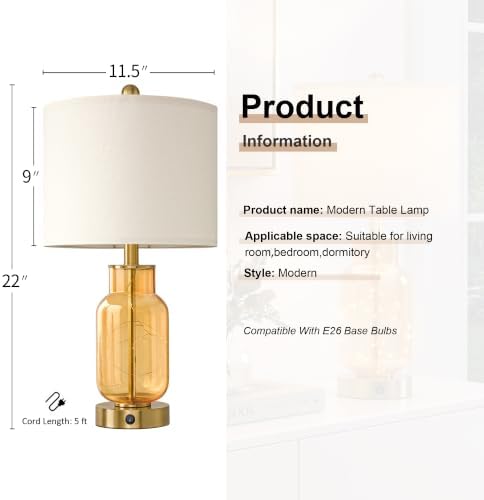Oneach 22" Glass Table Lamps Set of 2 with Night Light for Bedroom, Amber