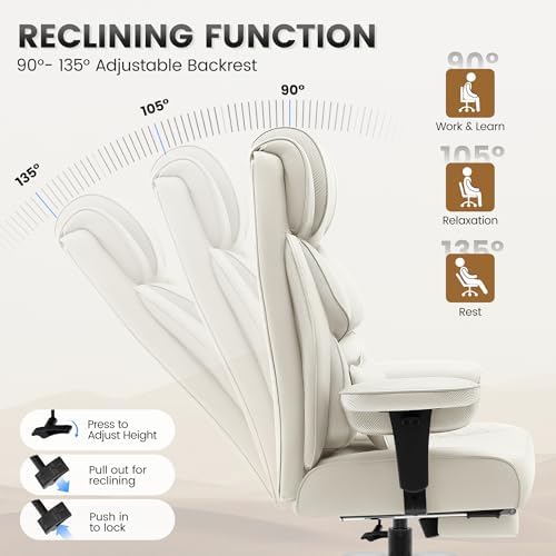 BestGlory Office Desk Chair, Big and Tall Leather Gaming Chair with Footrest, Ergonomic Comfy Executive High-Back Reclining Computer Chairs, Wide Swivel Rolling Wheels and Padded Lumbar Support, White