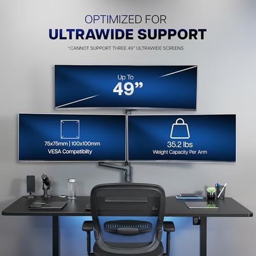 VIVO Pneumatic Arm Triple Ultrawide Monitor Wall Mount for Up to 49 inch Screens with Height Adjustment, Heavy Duty, Holds 3 Ultra Wides Up to 35.2 lbs, Black, MOUNT-VW300D