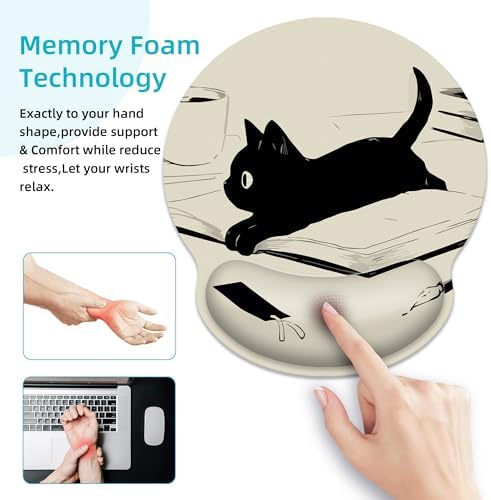 Kawaii Anime Black Cat Ergonomic Mouse Pad with Wrist Rest for Desk Work