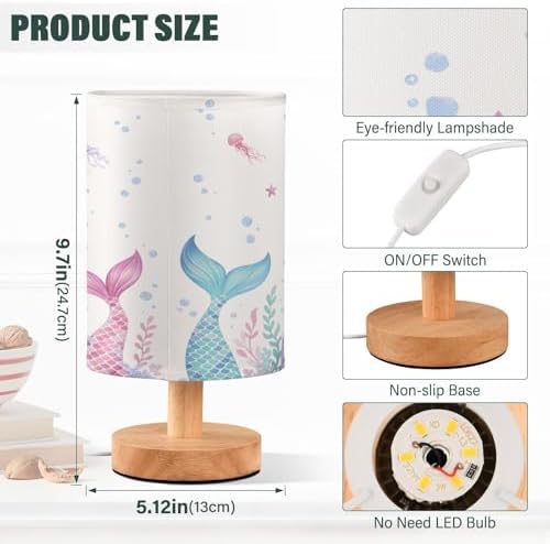 ALAZA Fish Mermaid Coral Reef Jellyfish Decor Bedside Table Lamp with USB Port for Bedroom Nightstand Office Desk LED Bulb Included