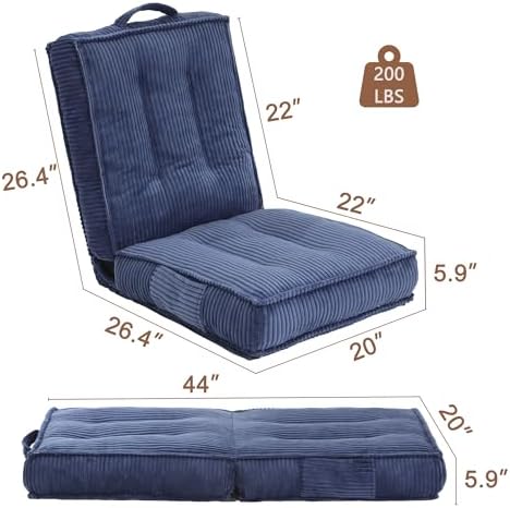 Folding Floor Tatami Chair with Back Support, 6-Position Adjustable, Blue