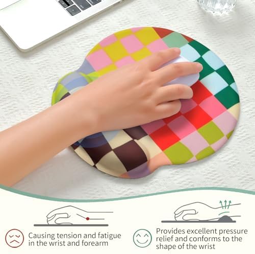 Retro Checkered Mouse Pad with Support Wrist Rest,Cute Funny Boho Ergonomic Mouse Pad with Non-Slip Base for Office Gaming Working Computers,Desk Accessories Pain Relief,Retro Colorful