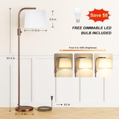 Ambimall Fully Dimmable Floor Lamp with 9W LED Bulb - Standing Lamp for Living Room with Adjustable Head, Modern Tall Light with Rotary Switch for Office, Brown and White