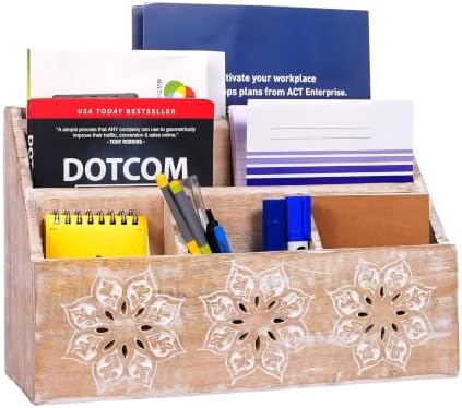Mela Artisans Serena Mango Wood Desk Organizer - Whitewash, 13 in