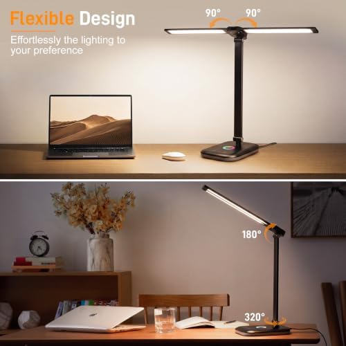 LED Desk Lamp with RGB Ambient Light, Dual Head Dimmable Desk Lamp with 5 Color Modes, USB-C Modern Table Lamp for Home Office, Bedroom & Desk Setup