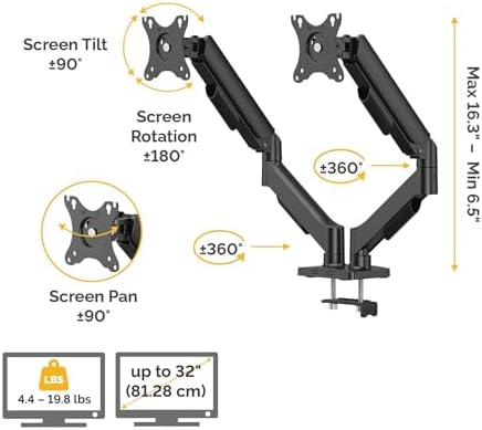 Fellowes Everyday Plus Dual Gas Spring Monitor Arm Holds Two Screens up to 32" Weighing 4.4-19.84 lbs ea, Height Adjusting, Tilt, Swivel, Rotate, VESA 75/100, Clamp or Grommet Mount, Cable Management