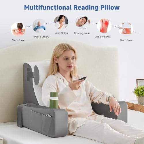 Reading Pillow for Bed, Back Pillow for Bed Sitting Up, Bed Pillows for Sitting Up with Adjustable Armrests, Cup Holder & Large Pocket, Backrest Cushion for Reading, Watching TV (WhiteGray, 4PCS)