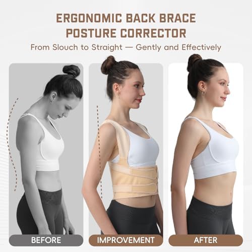 Posture Corrector for Women & Men, Adjustable Back Brace Shoulder Straightener with Full Back Support for Upper & Lower Back Pain, Spine Alignment, Hunchback, Scoliosis Relief (Large, Beige)