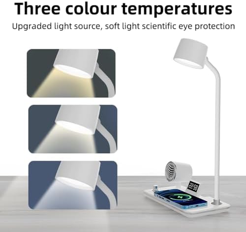 IHAO Smart LED Desk Lamp with Wireless Charger & Bluetooth Speaker, 15W Fast Charging Station for Phone & Earbuds Touch Control 3 Light Modes Alarm Clock Adjustable Eye-CareTable Lamp-HYT1772 Black