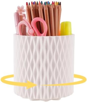 White Pen Holder for Desk, 360° Rotating Pencil Organizer, 5 Slots