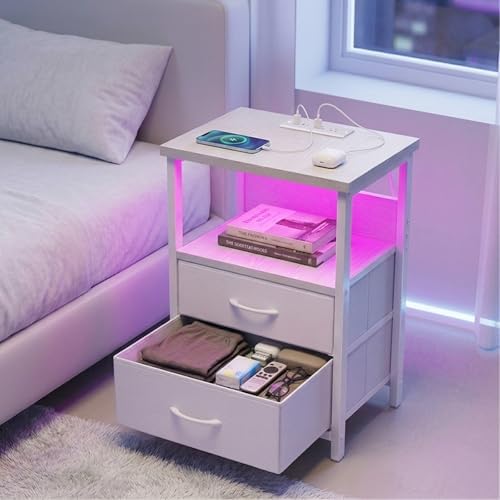 Fixwal Night Stand with Charging Station, White Led Nightstand, 2 Drawers