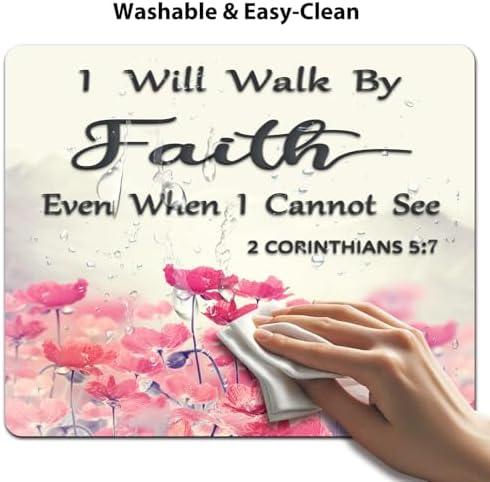 9.5x7.9 Inch Office/Gaming Mouse Pad, I Will Walk by Faith Even When I Cannot See Christian Bible Verse Scripture Quote, Pink Lotus Flowers Motivational Floral Cute Anti-Slip Mat for Desk