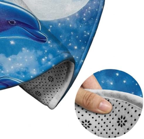 Large Round Area Rug Home Decor Modern Bathroom Rug Kitchen Office Circle Rug for Living Room Sofa Circle Cute Mat Blue Great Water of Waves Sea Full Moon Dolphin Art, 24inch