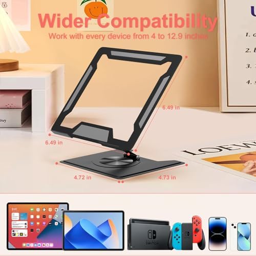 Adjustable Ergonimic Foldable Tablet Stand for Desk with 360 Rotating Base,Compatible with iPad/iPhone Portable Monitor Between 9-17 Inches for Office Desk,Black
