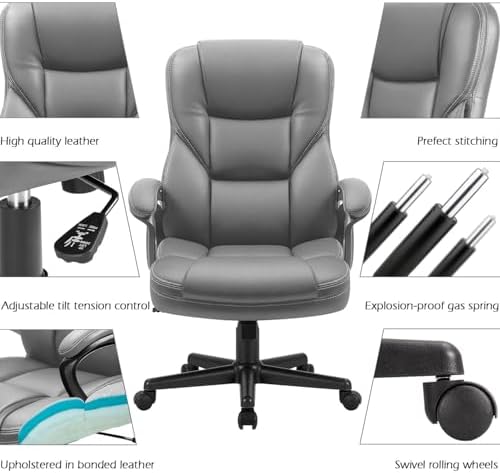 Furmax Office Executive Chair High Back Adjustable Managerial Home Desk Chair, Swivel Computer PU Leather Chair with Lumbar Support (2, Gray)