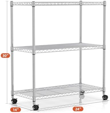 HealSmart 3-Tier Heavy Duty Storage Shelves 750Lb Capacity, 24.02" D x 13.78" W x 29.92" H Adjustable Shelving Unit with Wheels, Chrome