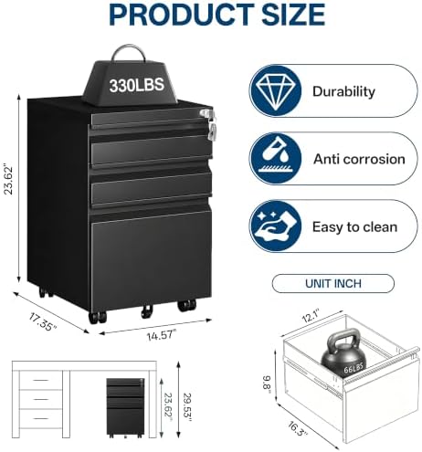 Fully Assembled 3 Drawer Mobile File Cabinet with Lock