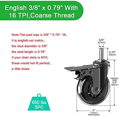 3" Caster Wheels set of 5(3 with Safety Dual Brake,2 without),Heavy Duty Swivel Castors w 3/8"-16UNC Threaded Stem, No Noise Rubber wheels,Safe for HardWwood,Carpet,Fit Chair,Workench,Shelf