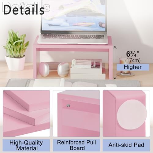 TEAMIX Pink Monitor Stand - 6.7 inch Tall, Wood Riser, Desktop Organizer