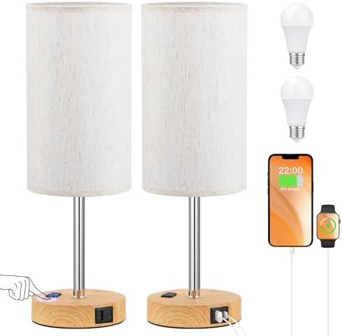 Touch Bedside Table Lamps Set of 2 - Bedroom Lamp with USB A+C, AC Outlet