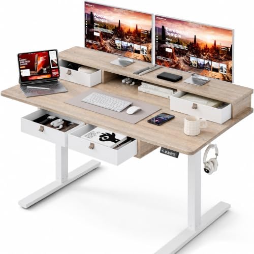 Grandder Electric Standing Desk with Four Drawers, Sit to Stand Up Height Adjustable Desk with Storage Shelf for Home Office, 55 * 28 Inch, Study, Ergonomic Adjustable Computer Desk, Maple
