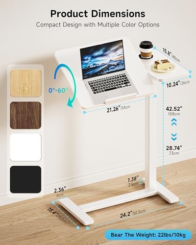 BZIUM Overbed Bedside Table with Hidden Wheels, Adjustable Medical Tilt Top Hospital Bed Table Over The Bed, Rolling Desk Mobile Standing Desk (31.5x15.8, White)