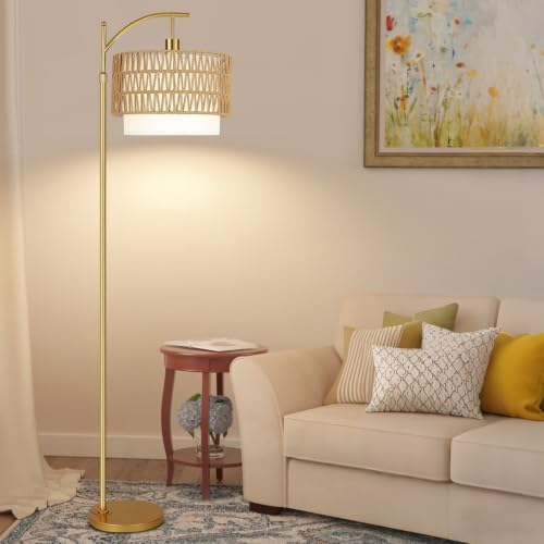 Gold Floor Lamps for Living Room Rattan Boho Floor Lamp with Remote Control & 3 Color Temperature, Dimmable Arc Floor Lamps Wicker Lamp Shades Brass Standing Lamp Tall Floor Lamp For Bedroom Corner