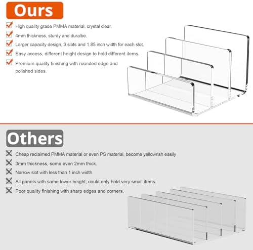 Richboom Acrylic File Sorter, 8.5"x6.3"x6.2", Upright File Organizer for Desk, Mail Organizer Countertop, File Holder for Letter, Document, Notebook, Clear, 3 Sections