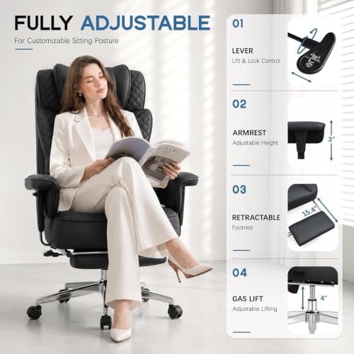 Office Desk Chair, High-Back Big and Tall Leather Chair with Footrest