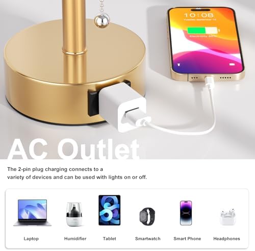Gold Bedside Table Lamps Set of 2 - Bedroom Lamp for Desk, AC Outlet