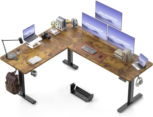WALKINGDESK 75x61 Inches Reversible L Shaped Standing Desk Height Adjustable with Cup Holder, Electric Corner Computer Workstation for Home Office, Ergonomic Sit Stand up Gaming Desk, Rustic Brown