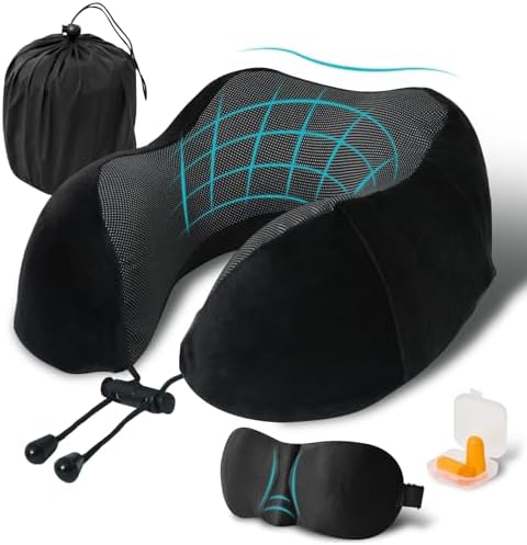 Travel Pillow, Memory Foam Neck Pillow for Traveling, U Shape Neck Pillow Airplane Portable Flight Pillow Travel Kit with 5D Contoured Eye Masks and Earplug for Plane Train Car Home Office