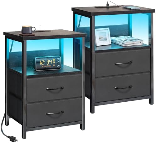 Fixwal Black Nightstands Set of 2, Led Night Stand with Charging Staion