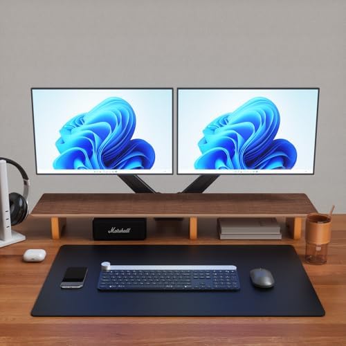 Aothia 43 inch Black Walnut Finish Dual Monitor Stand for Desk, Cork Legs