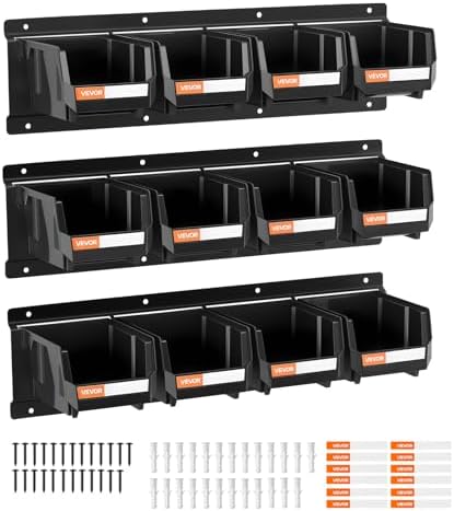VEVOR Wall Mounted Storage Bins, 12 Plastic Bins & 3 Metal Rails, Plastic Hanging Stackable Storage Bin for Screws, Nuts, Bolts, Nails, Hardware Tool Organizer for Workshop, Craft Room, Garage, Black