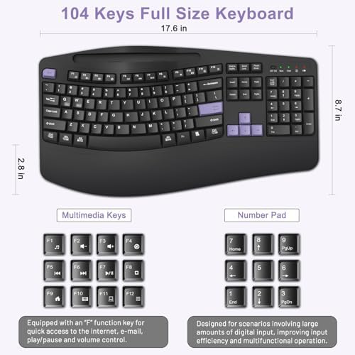 Wireless Keyboard and Mouse Combo, Full Size Ergonomic Wave Keys(Purple-B)
