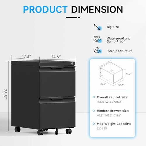 2 Drawer Mobile File Cabinet with Lock, Rolling File Cabinet with Wheels